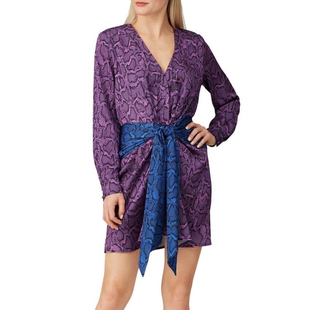 Delfi Jack Satin Reptile Print Long Sleeve Tie Waist Color-Block Mini Dress XS